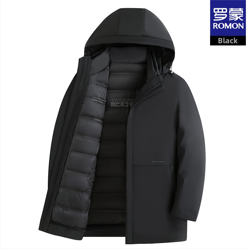 Geacă de iarnă pentru bărbați Romon cu glugă, lungime medie, umplutură din puf de gâscă alb, 800 fill power, căptușeală interioară detașabilă, -20°C până la -5°C