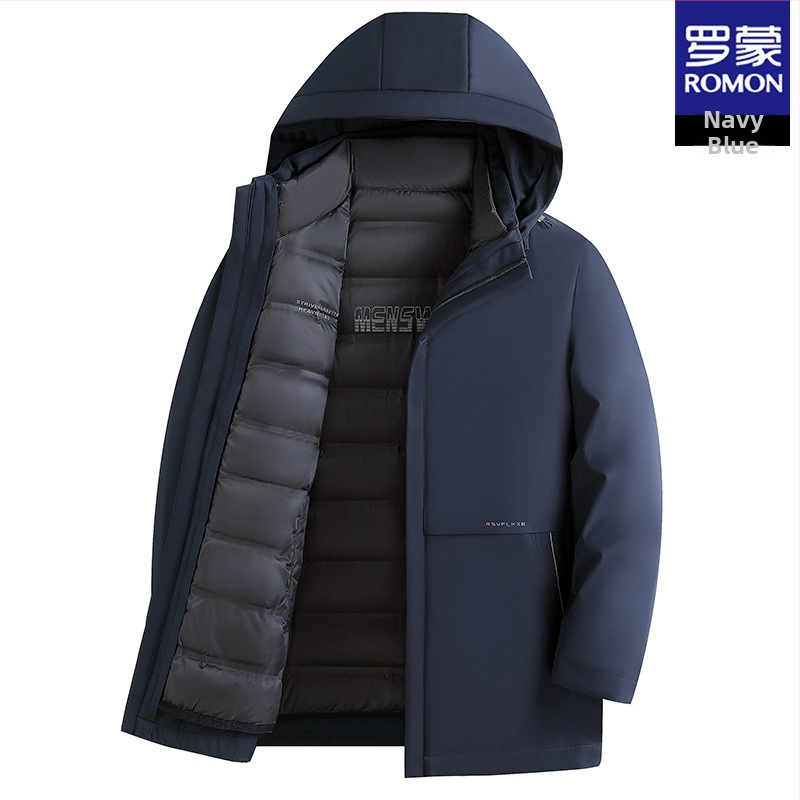 Geacă de iarnă pentru bărbați Romon cu glugă, lungime medie, umplutură din puf de gâscă alb, 800 fill power, căptușeală interioară detașabilă, -20°C până la -5°C