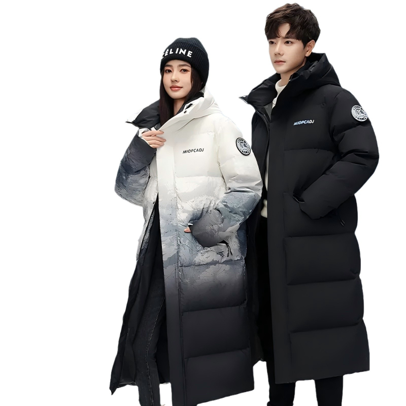 Ανδρικό μακρύ μπουφάν με διαβαθμισμένο σχέδιο, γέμισμα από πάπια down 210 g, 700 fill power, αδιάβροχο και ανθεκτικό στον άνεμο ύφασμα, όρθιο γιακά με φερμουάρ, χωρίς κουκούλα