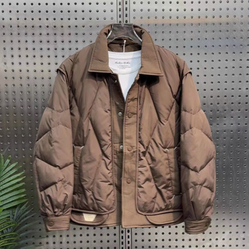 Puffer jakna s patchworkom, korejskog stila, slim fit, lagana, s bijelim patčjim perjem (51–55% perja, punjenje 100–150 g)
