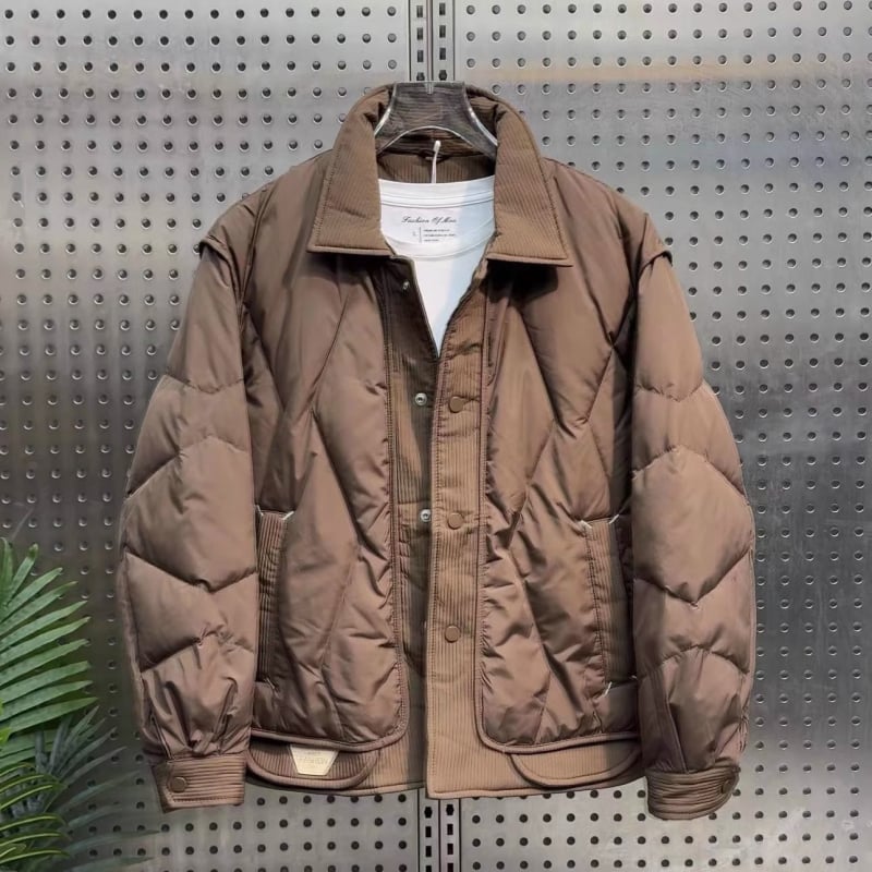 Puffer jakna s patchworkom, korejskog stila, slim fit, lagana, s bijelim patčjim perjem (51–55% perja, punjenje 100–150 g)