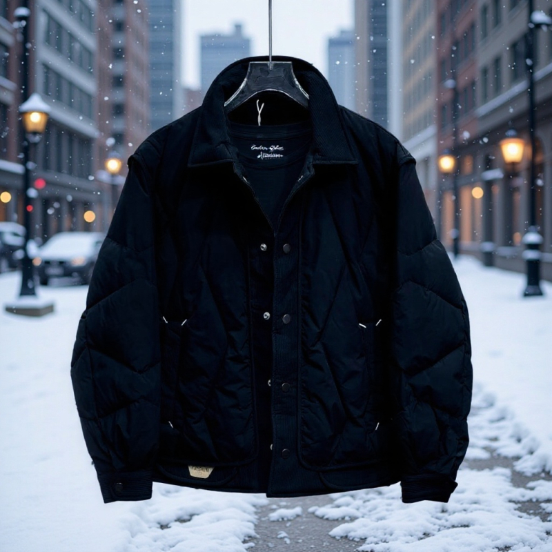 Puffer jakna s patchworkom, korejskog stila, slim fit, lagana, s bijelim patčjim perjem (51–55% perja, punjenje 100–150 g)