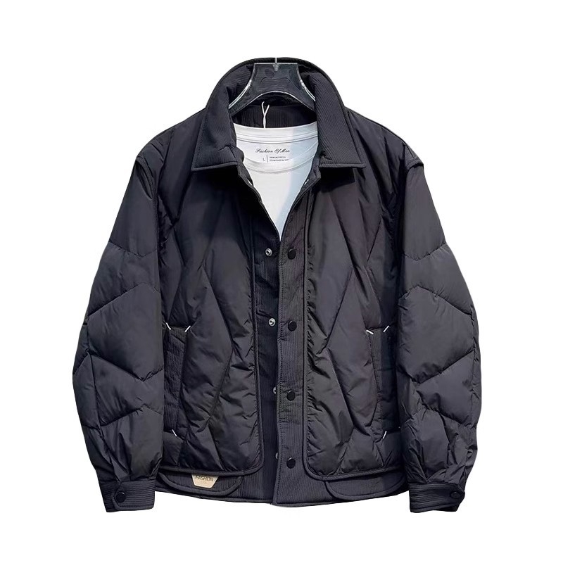 Puffer jakna s patchworkom, korejskog stila, slim fit, lagana, s bijelim patčjim perjem (51–55% perja, punjenje 100–150 g)