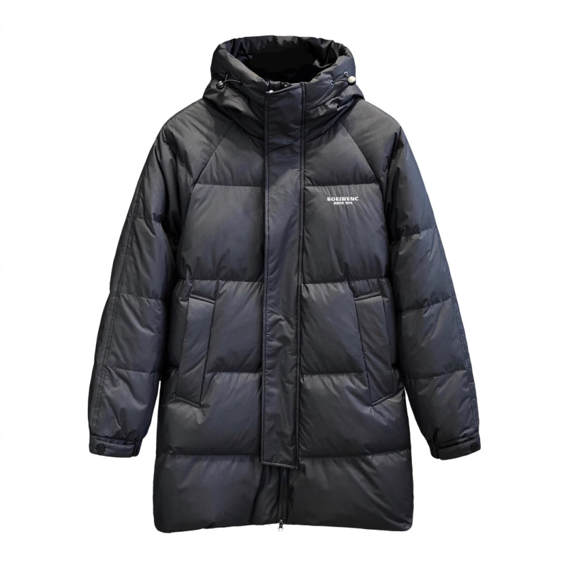 Geacă de iarnă din puf de gâscă alb; lungime extinsă 100 cm+; umplere 150–200 g; putere de puf 550; glugă