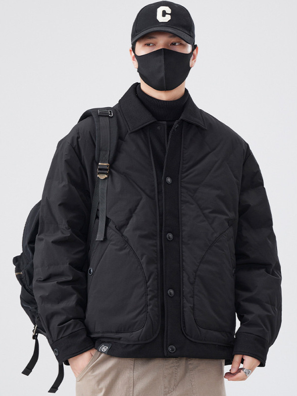 Jachetă bărbătească cu glugă din puf de rață alb, pentru iarnă 2025 — conținut puf 86–90%, umplere 550, rezistent la vânt, anti-murdărie, ușoară