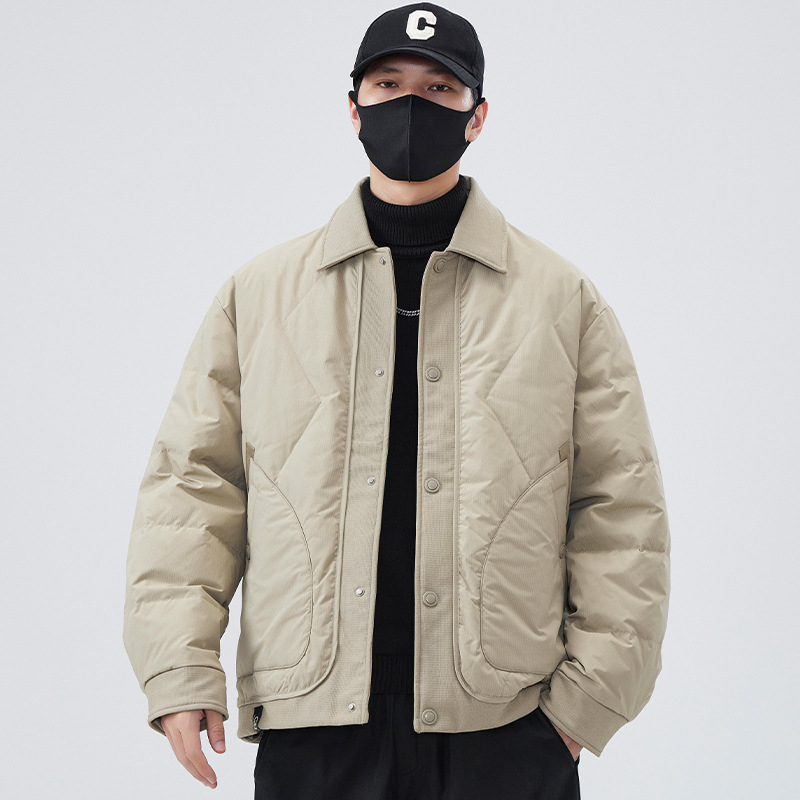 Jachetă bărbătească cu glugă din puf de rață alb, pentru iarnă 2025 — conținut puf 86–90%, umplere 550, rezistent la vânt, anti-murdărie, ușoară