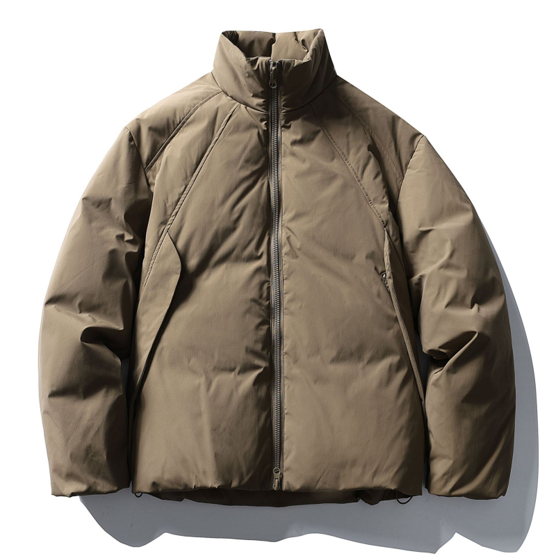 Geacă de puf din rață albă, stil japonez retro, conținut puf 86–90% (128–151 g), 650 fill power, guler înalt