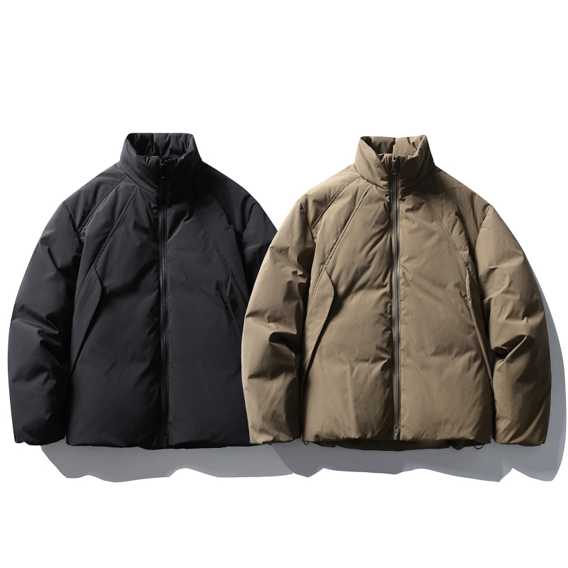 Geacă de puf din rață albă, stil japonez retro, conținut puf 86–90% (128–151 g), 650 fill power, guler înalt