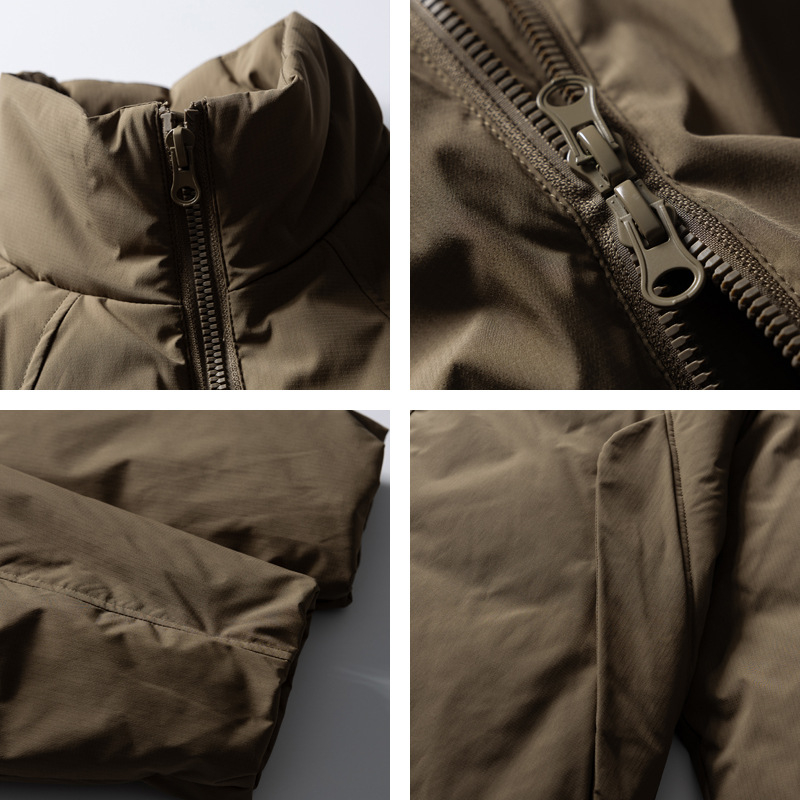 Geacă de puf din rață albă, stil japonez retro, conținut puf 86–90% (128–151 g), 650 fill power, guler înalt