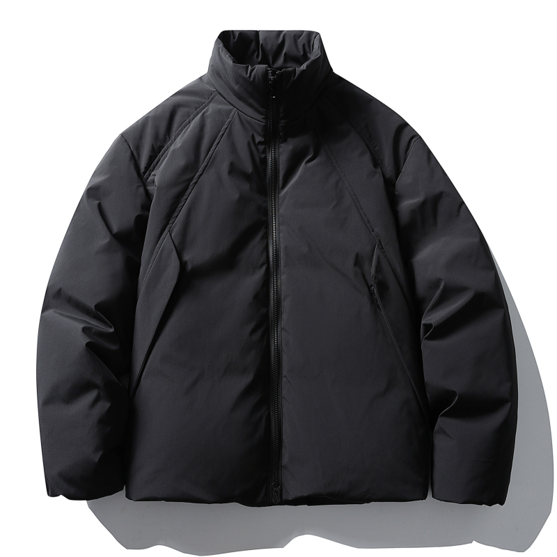 Geacă de puf din rață albă, stil japonez retro, conținut puf 86–90% (128–151 g), 650 fill power, guler înalt