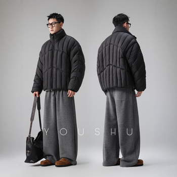 Μπουφάν με γιακά-στάση και καπιτονέ, γέμισμα με πούπουλο 220–280 γρ, κουκούλα, φερμουάρ, ανδρικό χειμερινό