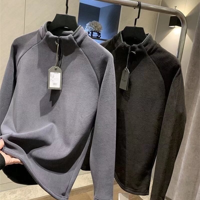 Férfi kétoldalas bársonyos téli pulóver álló gallérral, félig cipzár, vastag poliészter anyag, sportos modell.