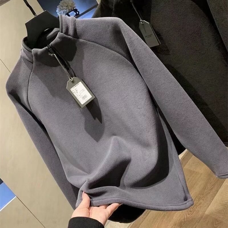 Férfi kétoldalas bársonyos téli pulóver álló gallérral, félig cipzár, vastag poliészter anyag, sportos modell.