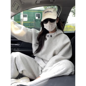 Hanorac cu glugă pentru toamnă 2025, croială lejeră, mâneci lungi, guler rotund, buzunare laterale