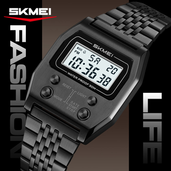 Ceas electronic cu cadran pătrat, curea din oțel inoxidabil, rezistență la apă 30 m, mișcare electronică, format 12/24 de ore