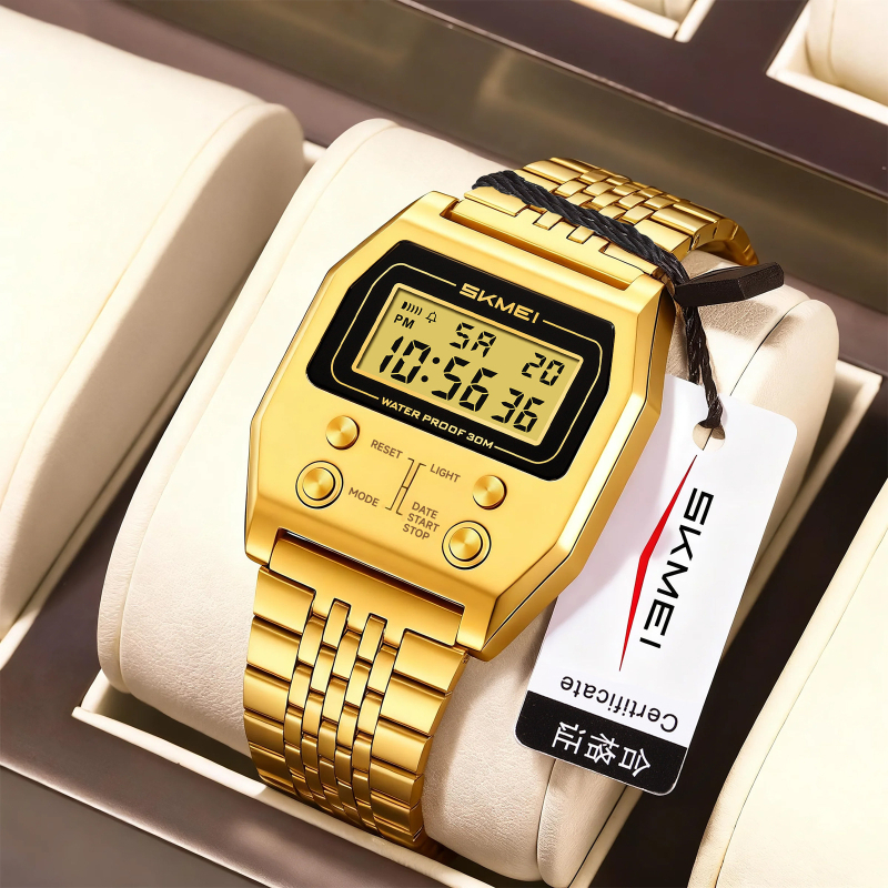 Ceas electronic cu cadran pătrat, curea din oțel inoxidabil, rezistență la apă 30 m, mișcare electronică, format 12/24 de ore