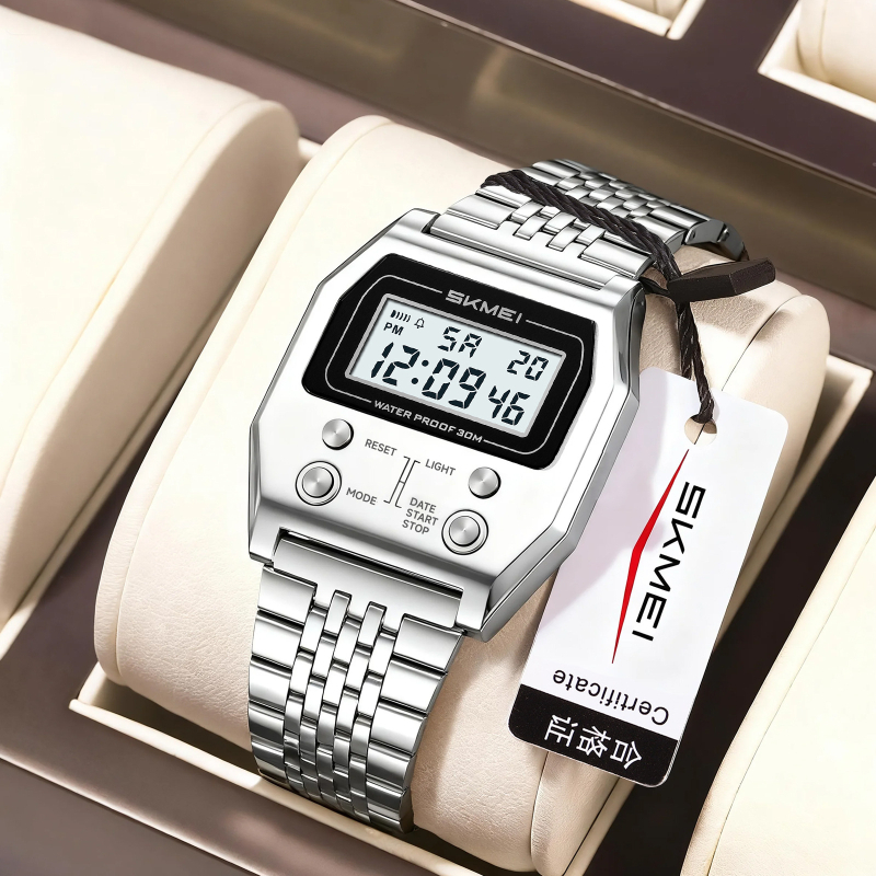 Ceas electronic cu cadran pătrat, curea din oțel inoxidabil, rezistență la apă 30 m, mișcare electronică, format 12/24 de ore