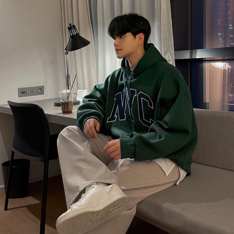 Hanorac cu glugă retro brodat – croială lejeră, stil coreean, bumbac 55% / poliester 45%, 180–200 g/m²