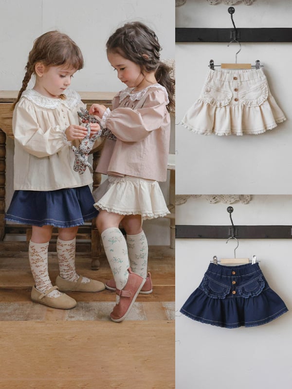 Meitenēm džinsu svārki ar mežģīņu apdari, Korejas stila, A līnija, galvenais audums: kokvilna 91–95%, iekšējā odere: kokvilna 91–99%, rudens 2025