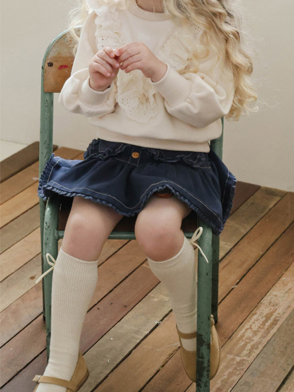 Meitenēm džinsu svārki ar mežģīņu apdari, Korejas stila, A līnija, galvenais audums: kokvilna 91–95%, iekšējā odere: kokvilna 91–99%, rudens 2025