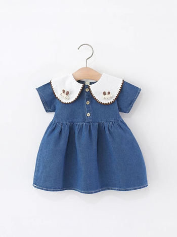 Koreai stílusú pamut hercegnő ruha lányoknak galléval és rövid ujjakkal, egyszínű, puha felület, 2025 nyár