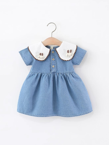 Koreai stílusú pamut hercegnő ruha lányoknak galléval és rövid ujjakkal, egyszínű, puha felület, 2025 nyár