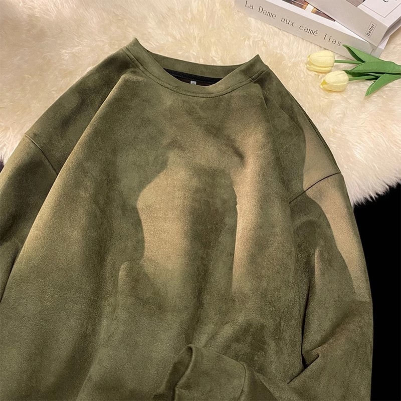 Muški pulover od veluru s izgledom suede, težak, okrugli izrez, dugi rukavi, poliester 81–90%, proljeće-jesen