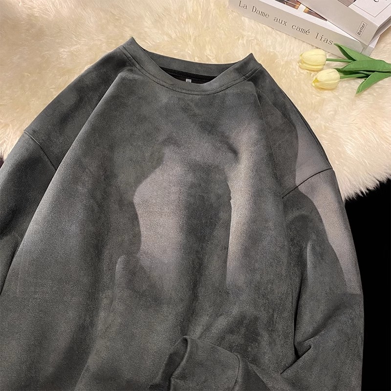 Muški pulover od veluru s izgledom suede, težak, okrugli izrez, dugi rukavi, poliester 81–90%, proljeće-jesen