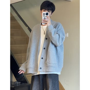 Cardigan-sweatshirt pentru bărbați, mâneci lungi, croială lejeră, guler înalt, buzunare patch, imprimeu cu litere