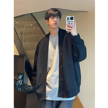 Cardigan-sweatshirt pentru bărbați, mâneci lungi, croială lejeră, guler înalt, buzunare patch, imprimeu cu litere