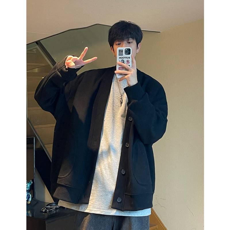 Cardigan-sweatshirt pentru bărbați, mâneci lungi, croială lejeră, guler înalt, buzunare patch, imprimeu cu litere