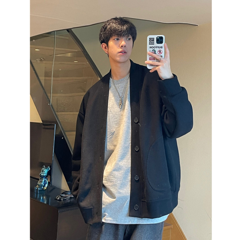 Cardigan-sweatshirt pentru bărbați, mâneci lungi, croială lejeră, guler înalt, buzunare patch, imprimeu cu litere