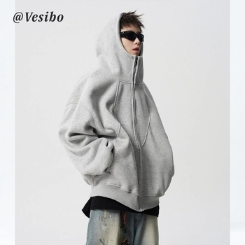 Cardigan cu glugă, greutate mare, design patchwork deconstruit, pentru iarnă; croială lejeră cu umeri căzuți; fermoar frontal; 96% poliester