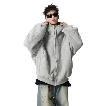 Cardigan cu glugă, greutate mare, design patchwork deconstruit, pentru iarnă; croială lejeră cu umeri căzuți; fermoar frontal; 96% poliester