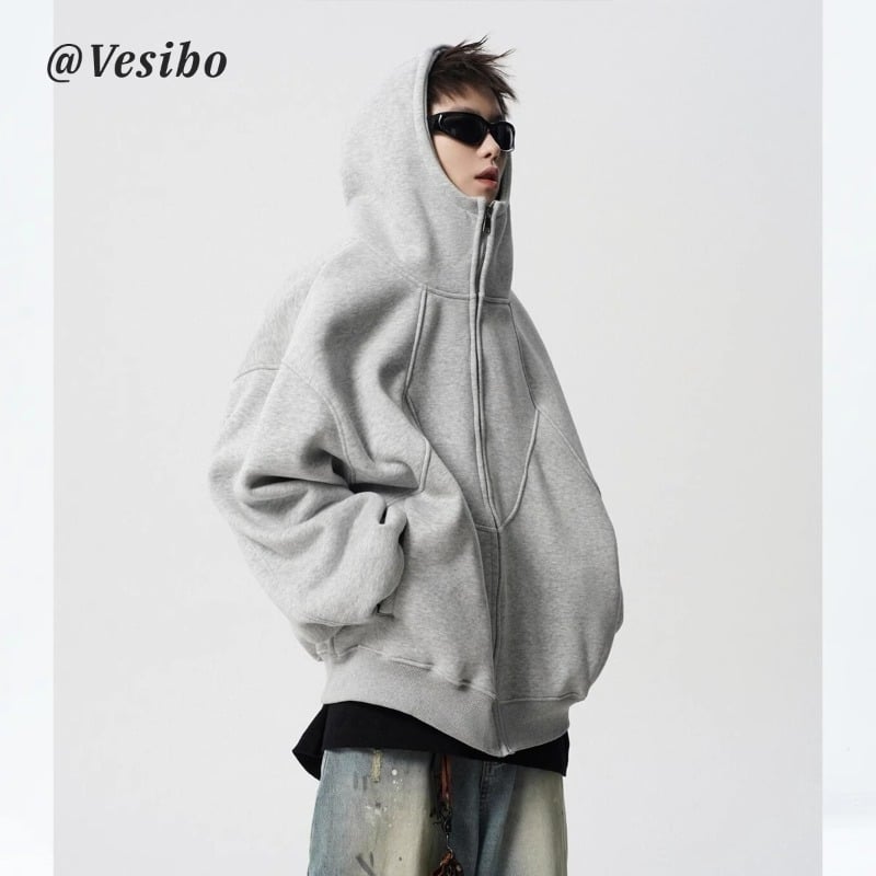 Cardigan cu glugă, greutate mare, design patchwork deconstruit, pentru iarnă; croială lejeră cu umeri căzuți; fermoar frontal; 96% poliester