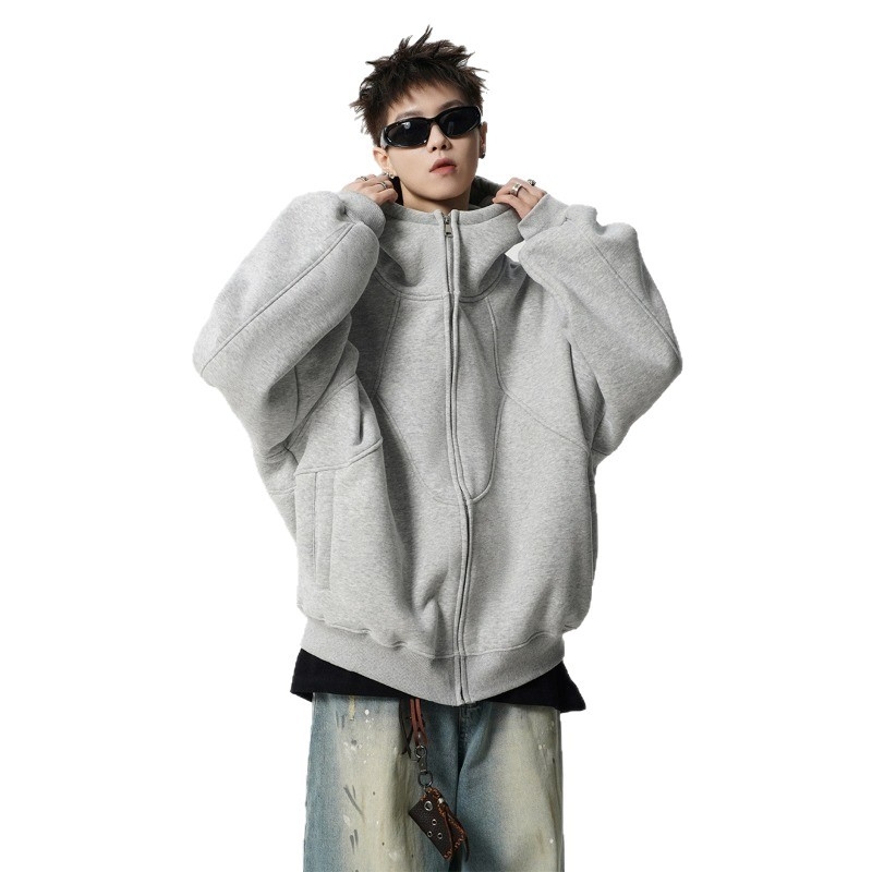 Cardigan cu glugă, greutate mare, design patchwork deconstruit, pentru iarnă; croială lejeră cu umeri căzuți; fermoar frontal; 96% poliester