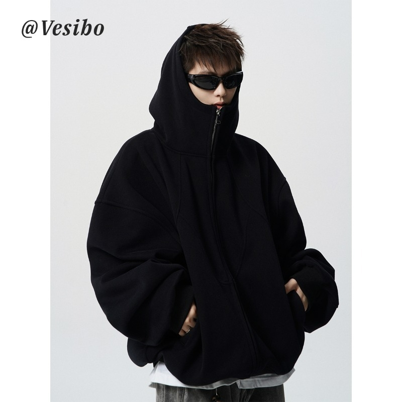 Cardigan cu glugă, greutate mare, design patchwork deconstruit, pentru iarnă; croială lejeră cu umeri căzuți; fermoar frontal; 96% poliester