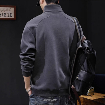 Pulover bărbătesc cu fermoar și guler înalt, buzunare, croială lejeră, poliester 51–70%