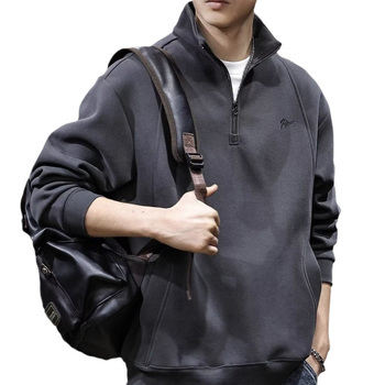 Pulover bărbătesc cu fermoar și guler înalt, buzunare, croială lejeră, poliester 51–70%