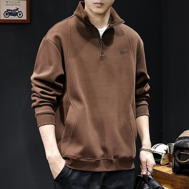 Pulover bărbătesc cu fermoar și guler înalt, buzunare, croială lejeră, poliester 51–70%