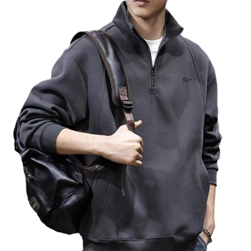 Pulover bărbătesc cu fermoar și guler înalt, buzunare, croială lejeră, poliester 51–70%