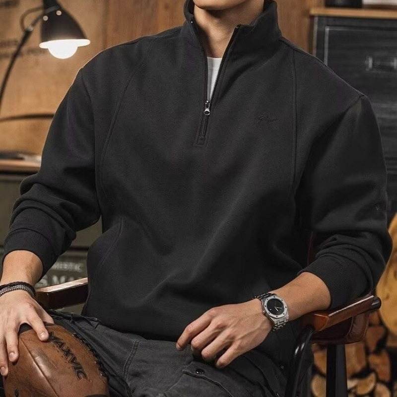 Pulover bărbătesc cu fermoar și guler înalt, buzunare, croială lejeră, poliester 51–70%