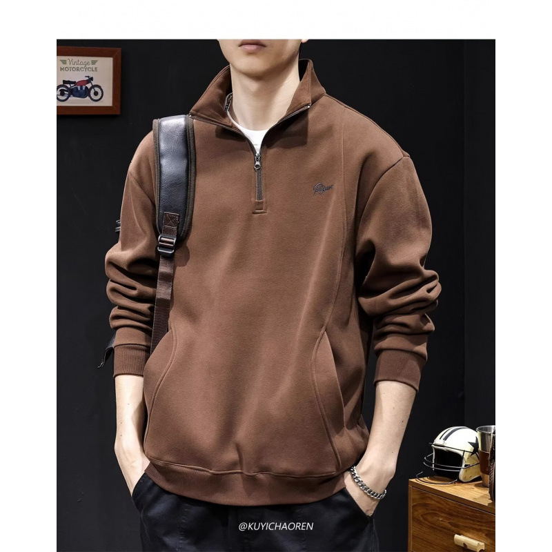 Pulover bărbătesc cu fermoar și guler înalt, buzunare, croială lejeră, poliester 51–70%