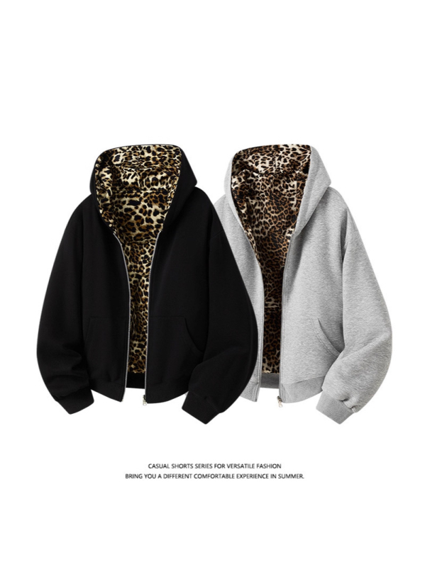 Καρντγκάν με Λεοπάρ Εκτύπωση, Ρεβέρσιβ με Κουκούλα, Λαϊκό Στυλ, Μακρύ Μανίκι, Φερμουάρ, Πυκνό Βαμβάκι Huamian 51-70%