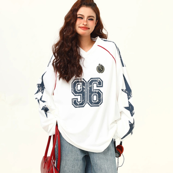 Pulover cu guler în V, mâneci lungi, imprimeu cu litere și cifre, poliester, croială lejeră, stil colegial american retro