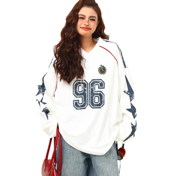 Pulover cu guler în V, mâneci lungi, imprimeu cu litere și cifre, poliester, croială lejeră, stil colegial american retro