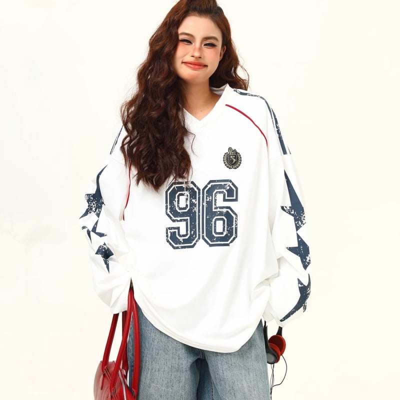 Pulover cu guler în V, mâneci lungi, imprimeu cu litere și cifre, poliester, croială lejeră, stil colegial american retro