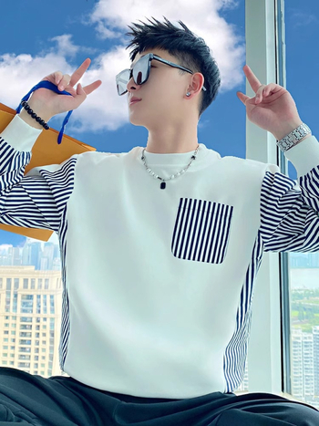 Sweatshirt cu dungi și blocuri de culoare, pentru bărbați, pulover fără guler, fără glugă, mâneci lungi, croială lejeră, amestec poliester