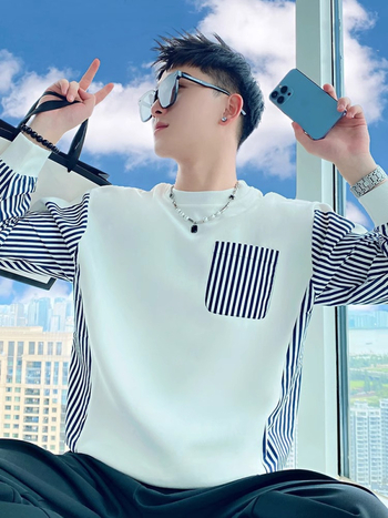 Sweatshirt cu dungi și blocuri de culoare, pentru bărbați, pulover fără guler, fără glugă, mâneci lungi, croială lejeră, amestec poliester