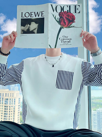 Sweatshirt cu dungi și blocuri de culoare, pentru bărbați, pulover fără guler, fără glugă, mâneci lungi, croială lejeră, amestec poliester